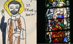 Portrait by a pupil at Faith Primary School, Liverpool; and the stained glass window in SFX Liverpool